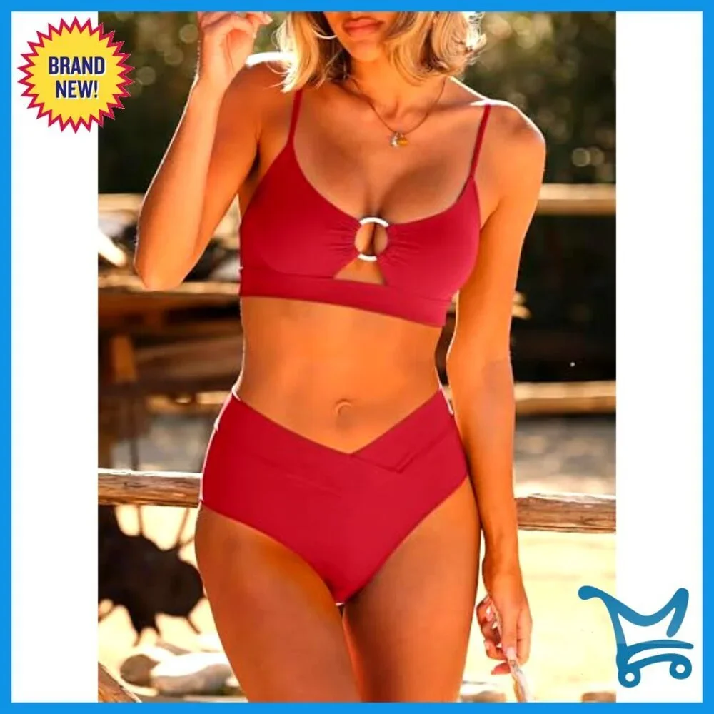 Triangle Bikini Set O Ring Cut Out Two Piece Swimsuit Mid Rise Cheeky